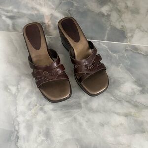 Brown wedge, slip on sandals!